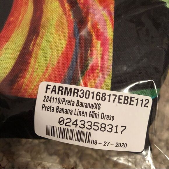NWT FARM Rio Preta Black Bold Tropical Banana Print Square Neck Linen Mini Dress - Picture 10 of 11
